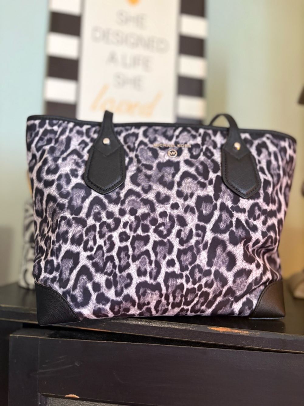 Michael Kors Black and Gray Leopard-Print Tote